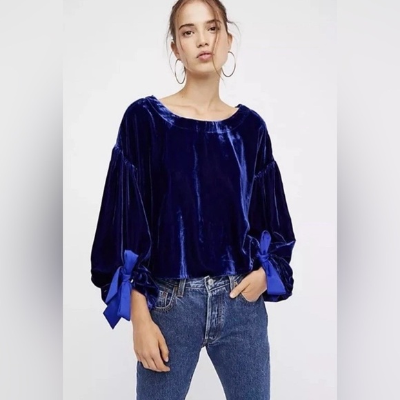 Free People Blue Velvet Blouse with Open Back and Tie Details - Picture 3 of 6